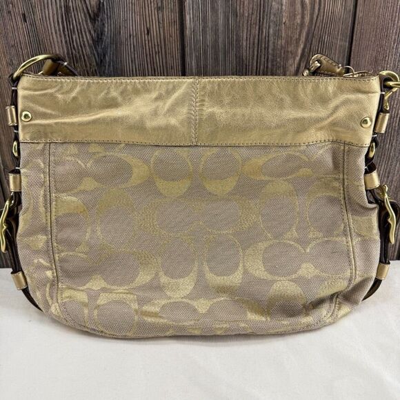 Coach Purse Gold Canvas Leather Jacquard Tote Hobo Shoulder Bag L0868-13500 - Picture 2 of 12